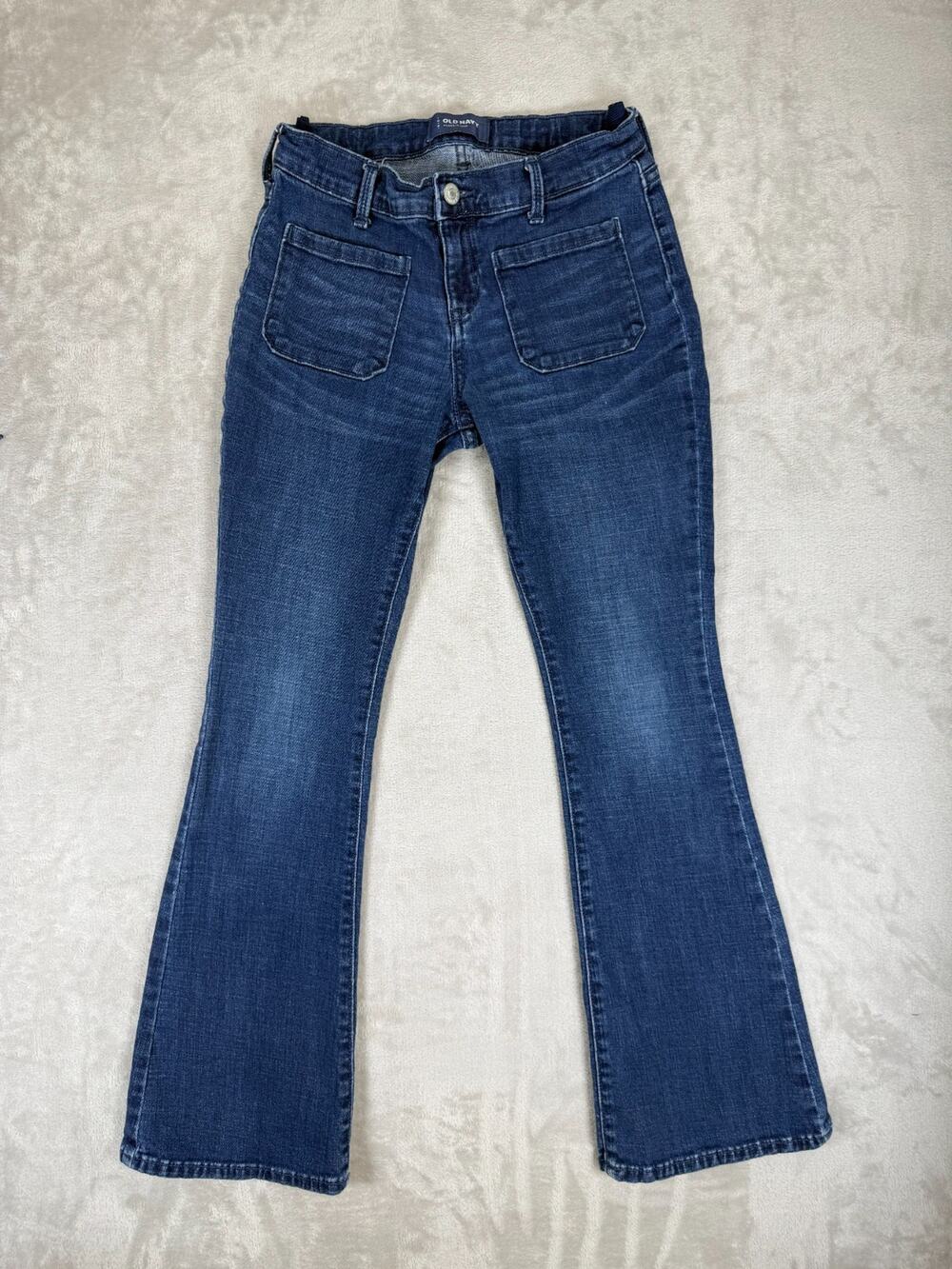 Old Navy Girls 12 Flare Jeans Medium Wash Patch Pocket Stretch Y2K Boho